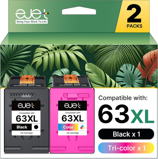 ejet 63XL Ink Cartridge Combo Pack Replacement for HP 63 Ink 63XL Ink Cartridges Black and Color for OfficeJet 3830 4650 5255 5258 4655 4652 3833 Envy 4520 4512 DeskJet 1112 3630 (1 Black,1 Tri-Color)