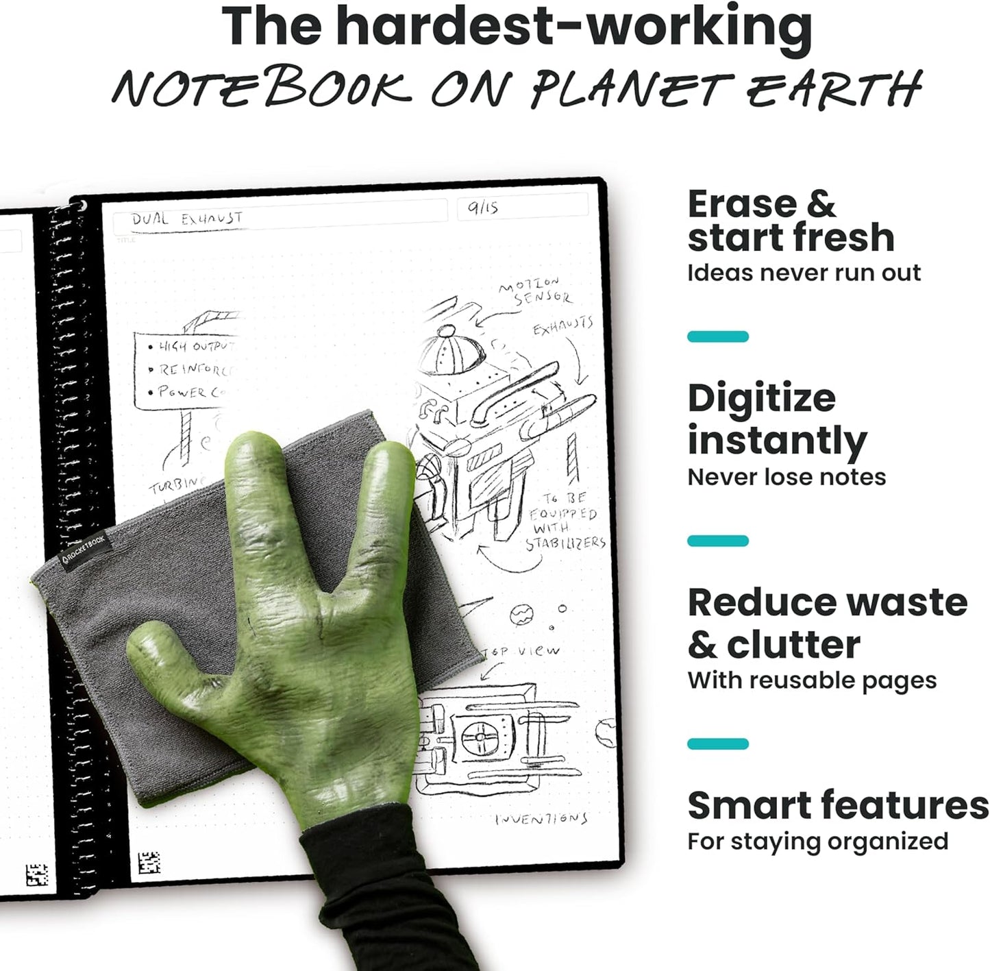 Rocketbook New Core Reusable Spiral Notebook, Letter Size 8.5x11, Green - Dotted Pages, App-Connected, Erasable, Durable Cover, Ideal for School, Work, and Creative Projects