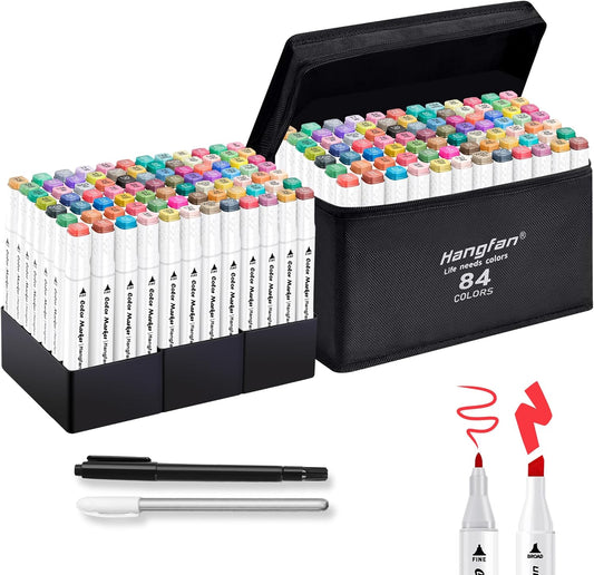 Art Markers, 84 Colors Alcohol Based Ink Broad&Fine Dual Tip Permanent Markers Pen Set with Case for Kids Professional Artist Coloring Drawing Sketching Outlining Marking