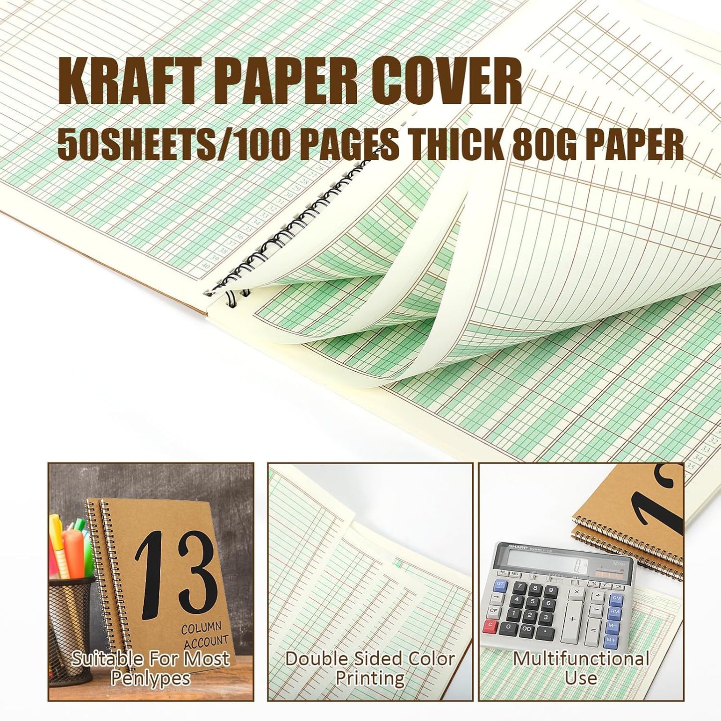 3 Pcs 13 Column Ledger Book 8.5 * 11inch Account Book Notebook Columnar Pad Columnar Pad 13 Columns Premium Analysis Pad Kraft Paper Cover 100 Pages for Personal Use Small Business(50 Sheet)