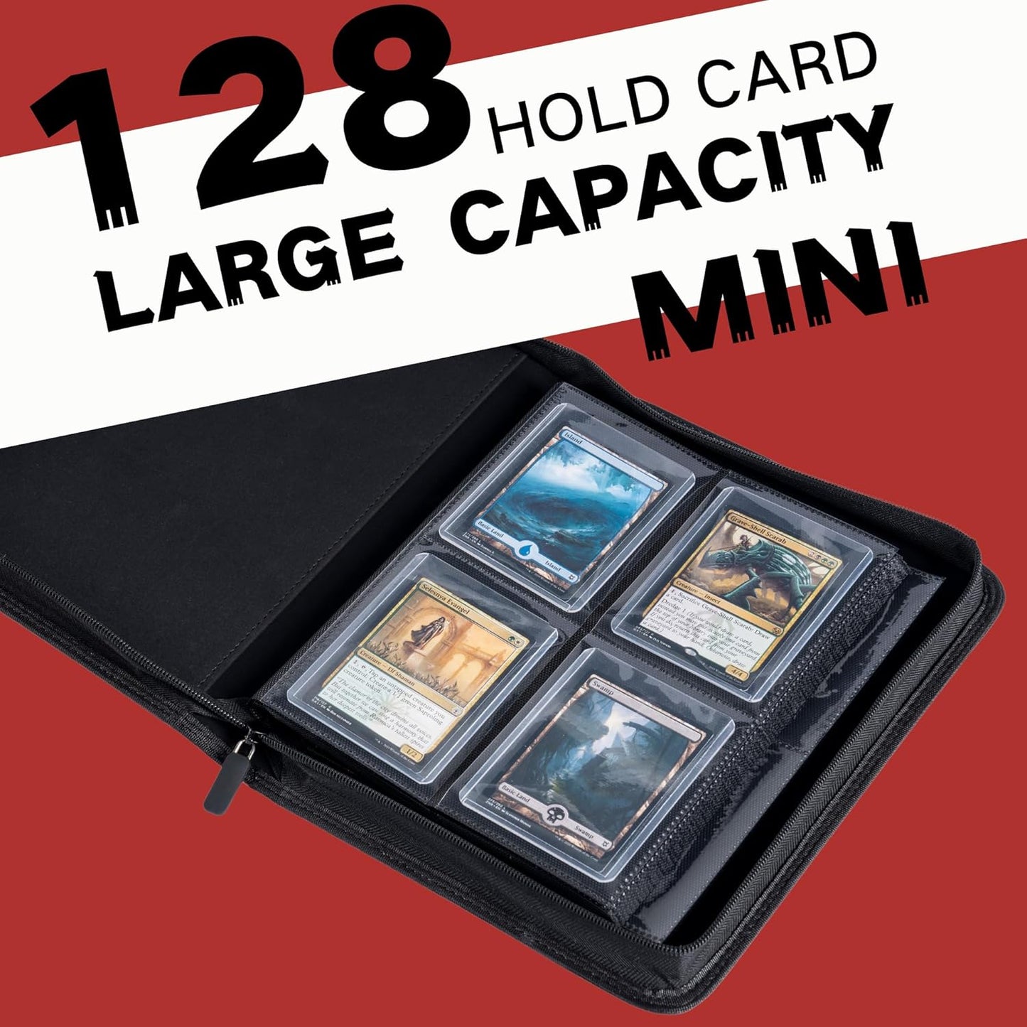 Toploader Binder, Holds 128+ Toploaders, 4 Pocket Top Loader Card Storage Case, Double-Sided Pockets for trading card in 3 x 4'' Toploaders（Red）