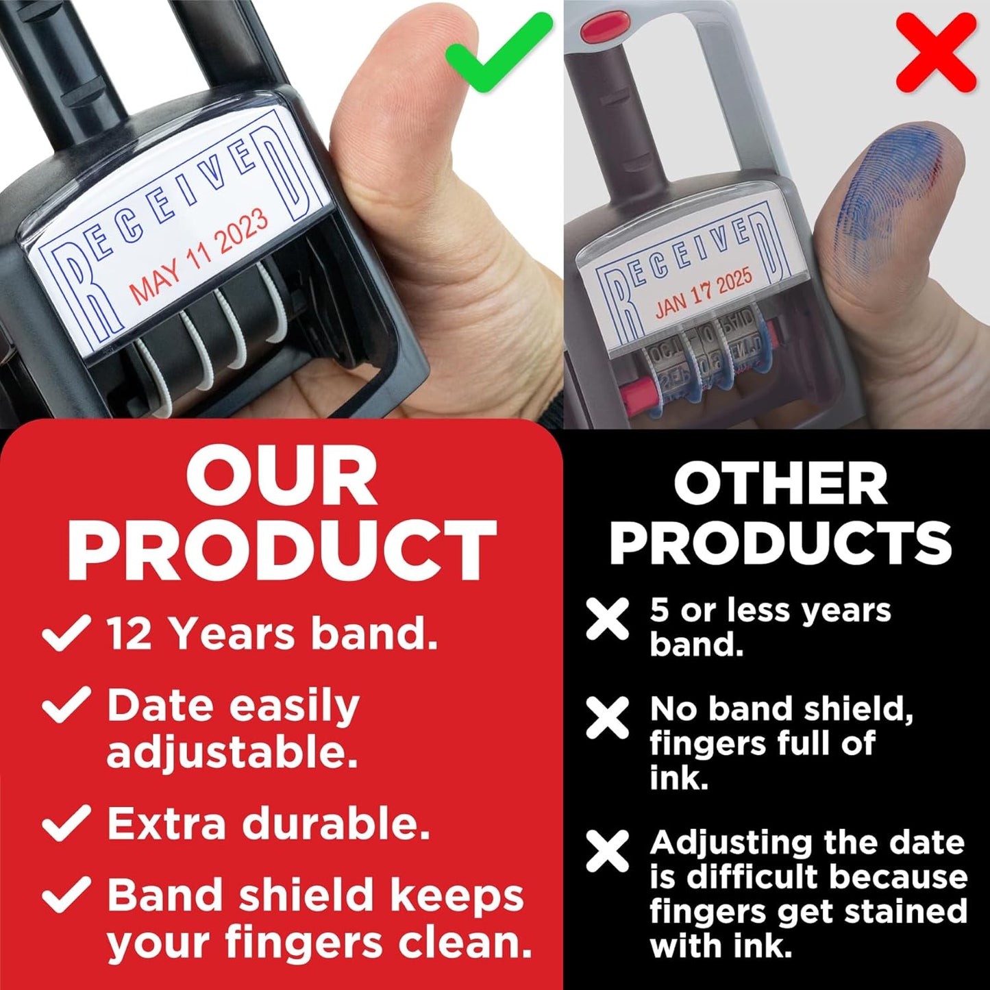 Self-Inking Rubber Date Office Stamp with Posted Phrase - Blue Ink - 12-Year Band