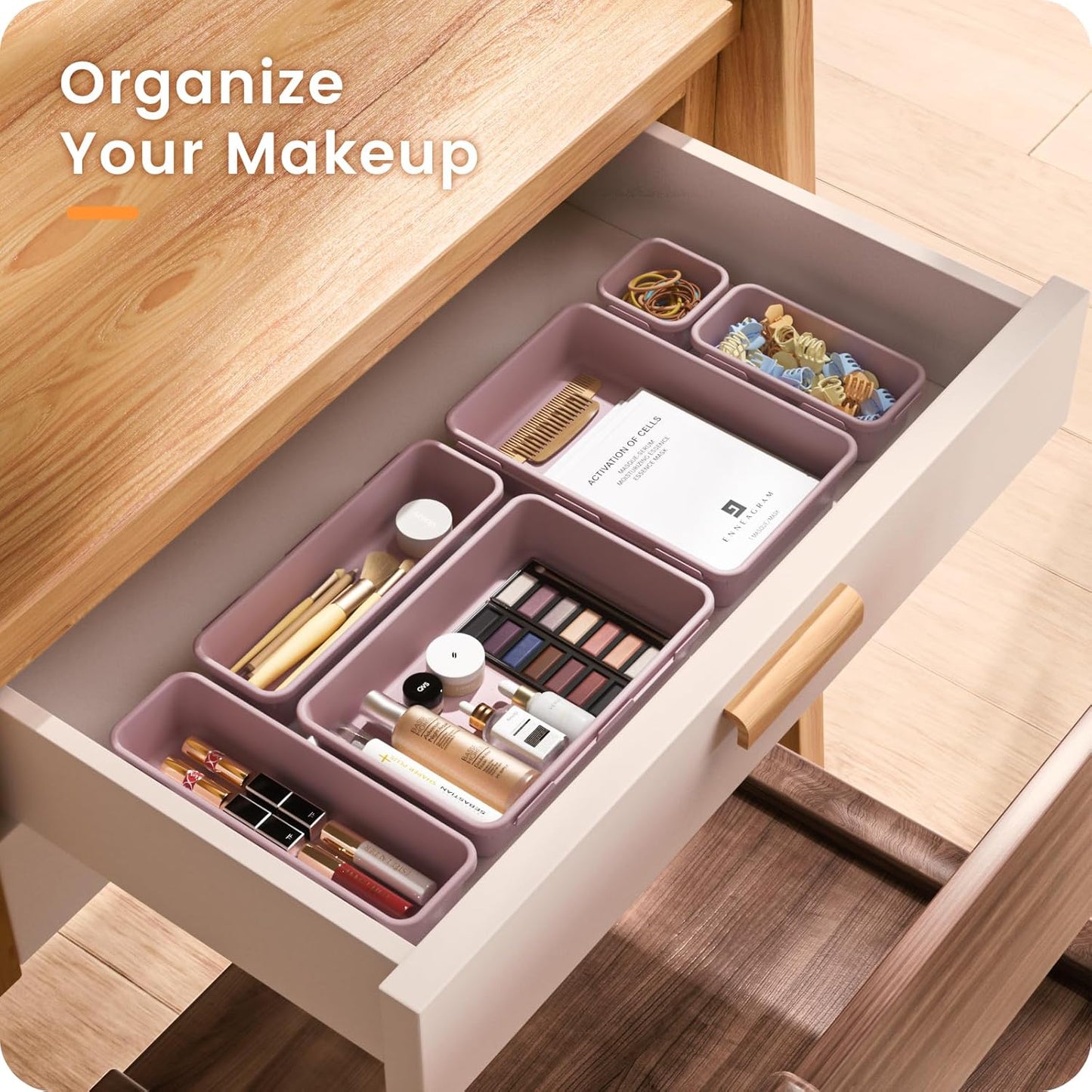 【28PCS】A-LUGEI Drawer Organizer, Bathroom Organizers and Storage, Makeup organizer, Desk drawer organizer, Storage Bins for Kitchen Office Bedroom Vanity Jewelry Pantry Garage【Purple】【4Size】