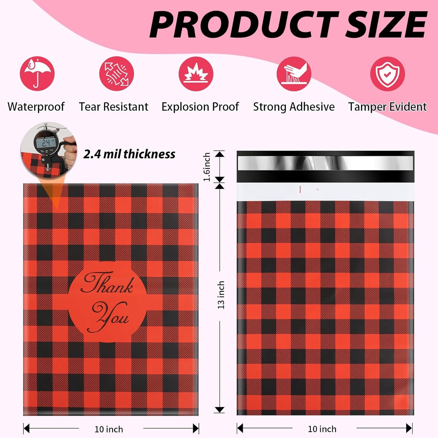 Oududianzi Poly Mailers 10x13, 50Pack Shipping Bags, Mailers Poly Bags, Shipping Envelopes, Mailing Bags, Polymailers Packaging Bags for Small Business - Red plaid