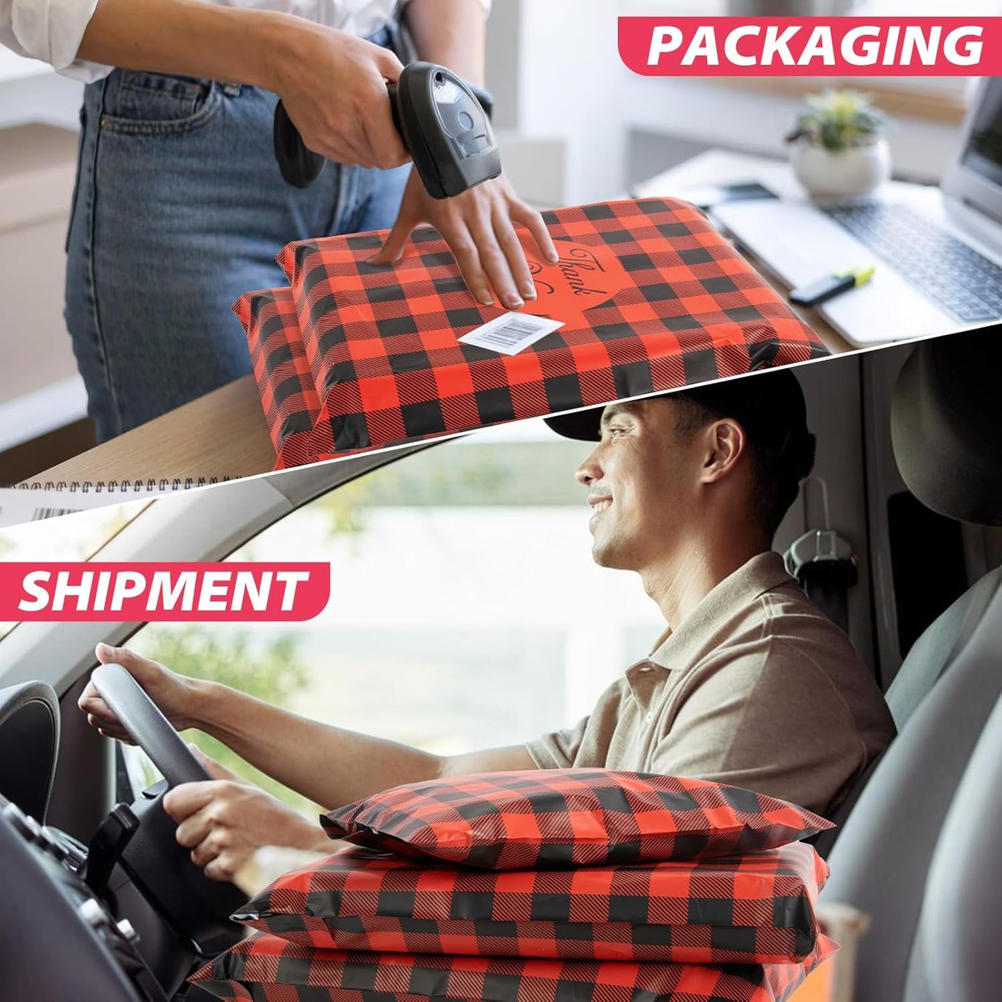 Oududianzi Poly Mailers 10x13, 50Pack Shipping Bags, Mailers Poly Bags, Shipping Envelopes, Mailing Bags, Polymailers Packaging Bags for Small Business - Red plaid