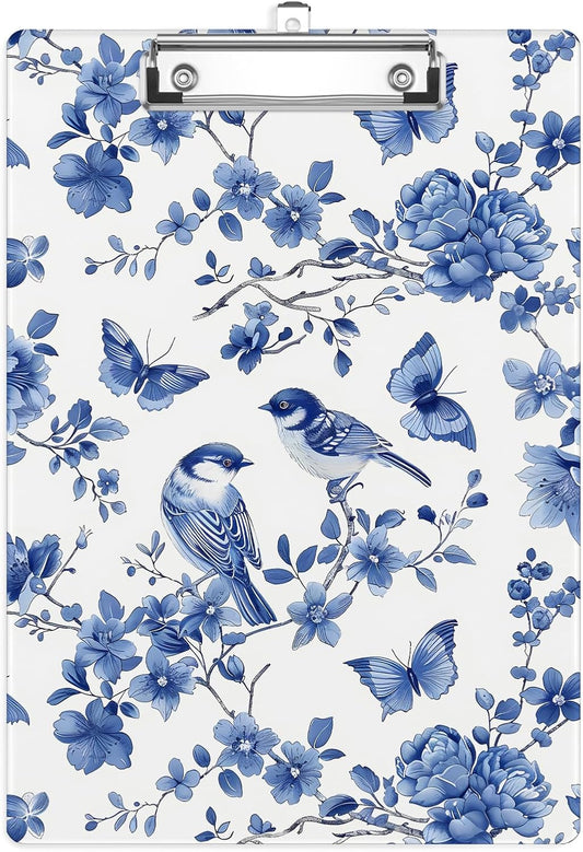 Vintage Blue Bird Flower Plastic Clipboards,Cute Fashion Clipboard Decorative 8.5" x 12.5"Standard A4 Size Clipboards,Acrylic Clipboard for Teacher,Social Worker,Students,Nurse,Office Supplies