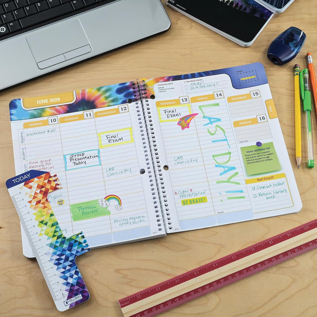 Global Datebooks Dated Middle School or High School Student Planner for Academic Year 2025-2026 Includes Ruler/Bookmark and Planning Stickers (Matrix Style - 7"x9" - Retro)