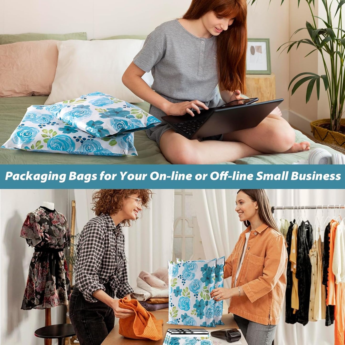 Oududianzi Poly Mailers 10x13, 100PCS Shipping Bags, Mailers Poly Bags, Mailing Envelopes Bags, Polymailer Packaging Bags for Small Business - Blue Rose