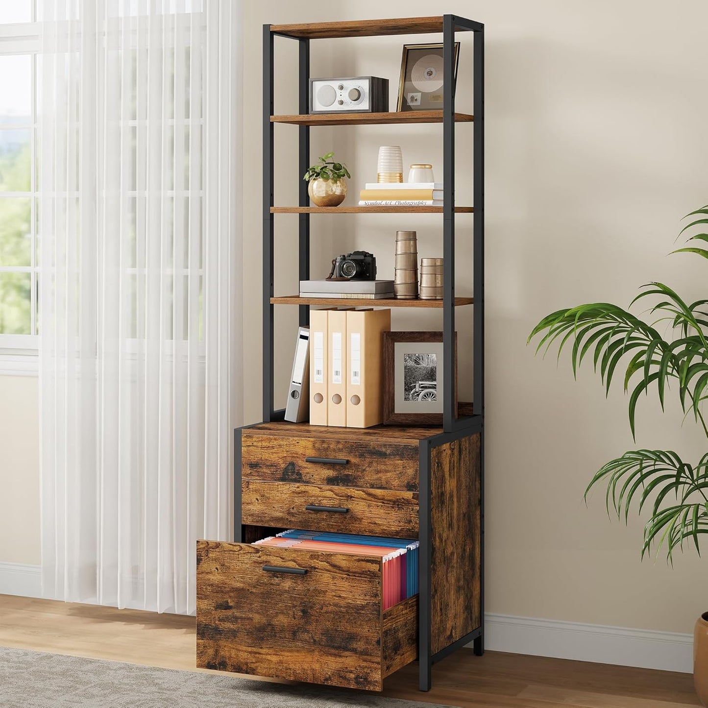 VASAGLE File Cabinet, Home Office Filing Cabinet with Height-Adjustable Open Shelves, 3 Drawers, for A4, Letter-Size Hanging File Folders, Steel Frame, for Home Office, Rustic Brown UOFC078B01