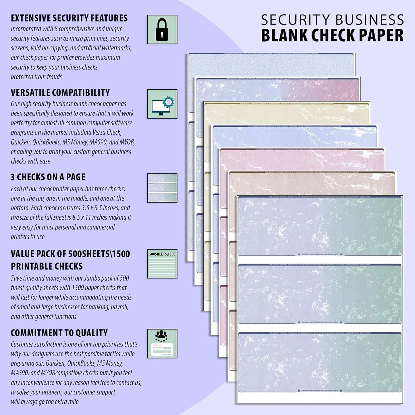 500 High Security Check Paper with 3 Blank Checks Per Page | Blank Check Stock for Personal and Business Use - Computer Laser Check | Payroll Checks - 500 Sheets/1500 Checks Gold Marble