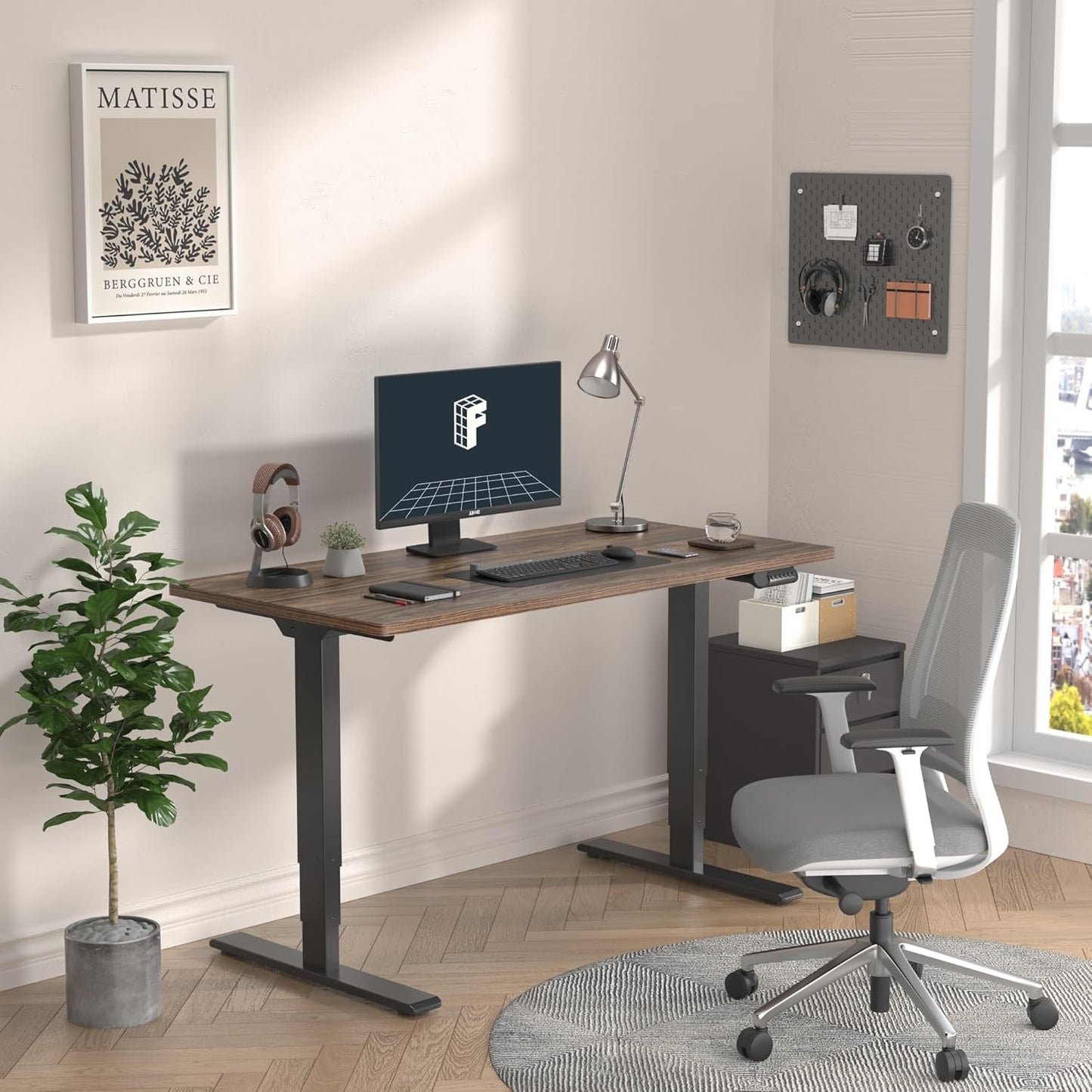 FLEXISPOT E6 Essential 3 Stages Dual Motor Electric Standing Desk 55x28 Inch Whole-Piece Board Height Adjustable Electric Sit Stand Desk(Black Frame + Brown Wood Grain Desktop, 2 Packages)