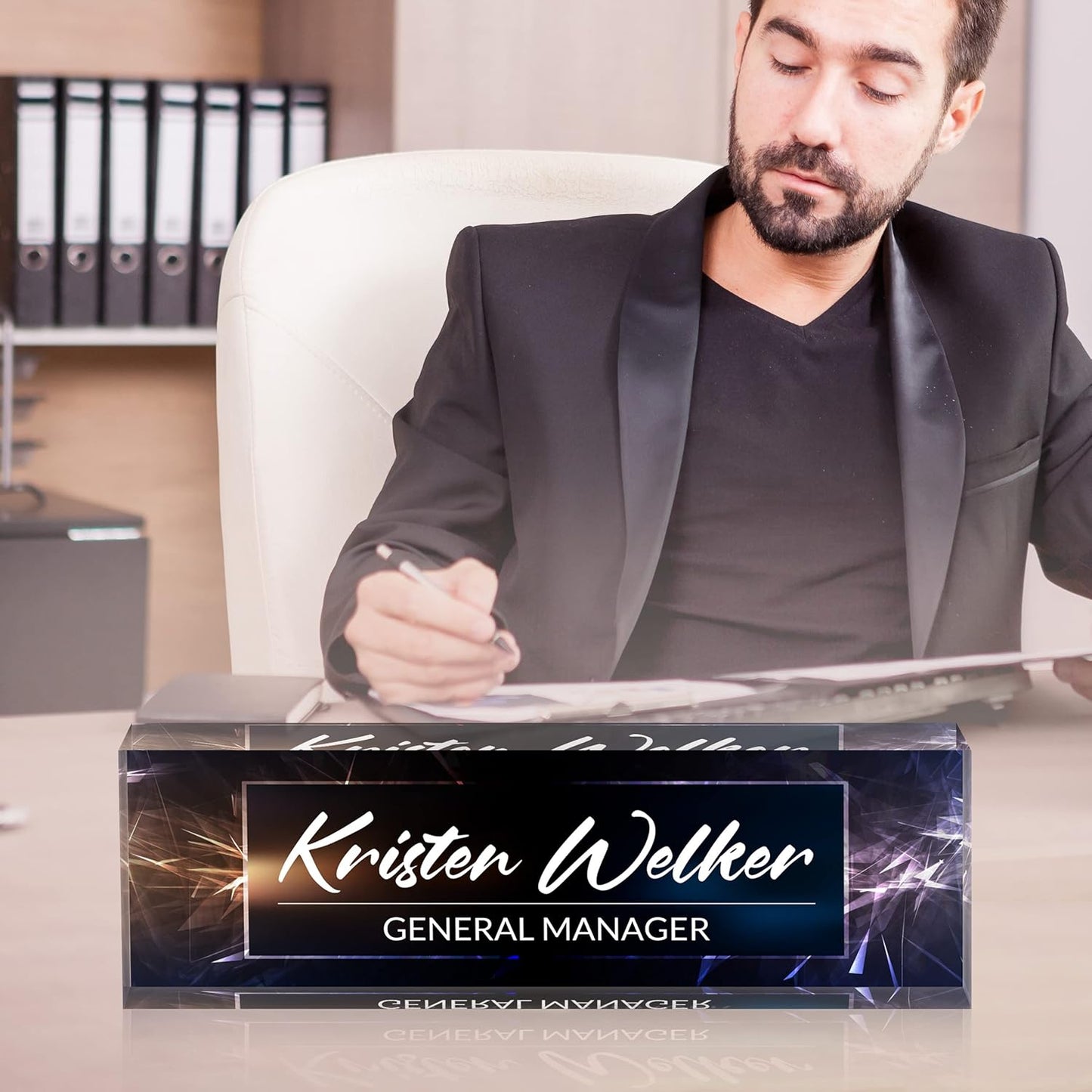 Desk Name Plate Personalized, Premium Business Classic Blue Acrylic Desk Name Plate, Personalized Name Plate for Desk, Office Decor for Women or Men Coworkers, Boss, Employee, Teacher