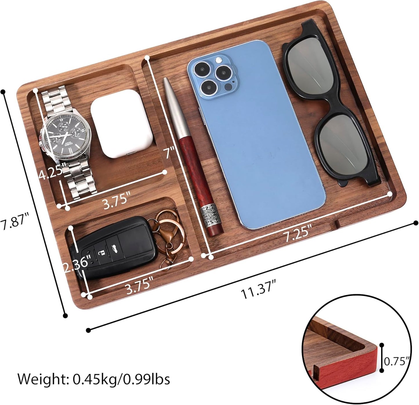 Valet Tray Walnut Wooden - Desk Drawer Organizer Tray, Multi-Functional Desk Organizer, Keys Watch Wallet Jewelry Catchall Dresser Accessories Bedside Organizer for Office Home Gift