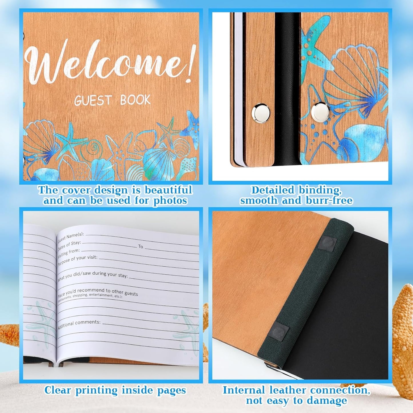 Welcome Guest Book Wood Cover Summer Beach Guest Book Vacation Home Scrapbook with Pen 8 x 6 Inches Visitor Log Book with 120 Pages for Vacation Home Host Ocean Beach Nautical Journal