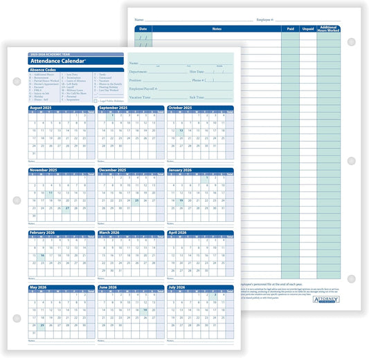 2025-2026 Academic Attendance Calendar, Pack Of 50