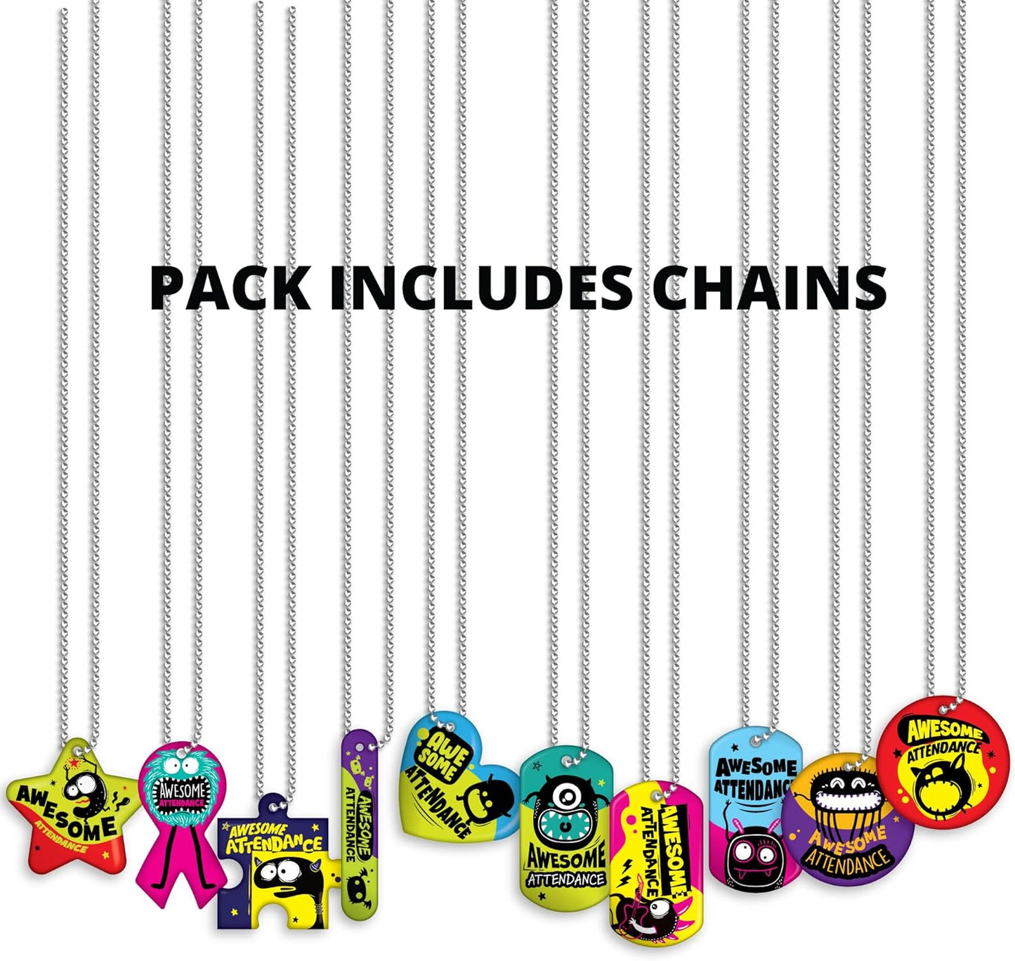 Brag Tags Fun Critters & Monsters Increase Attendance Incentives Value Pack: 250 Multicolor, Waterproof Teslin Brag Tags (25 Per Design) + 75 Hypoallergenic, USA-Made, 24" Aluminum Safety Chains
