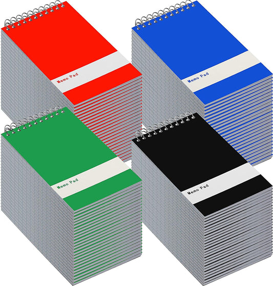 Thenshop 100 Pads Spiral Memo Pads Bulk 3 x 5 Inch Small Pocket Notepad Top Bound Lined 60 Sheets Mini Notebooks for School College Office Home Supplies (Black,Green,Dark Blue,Red)