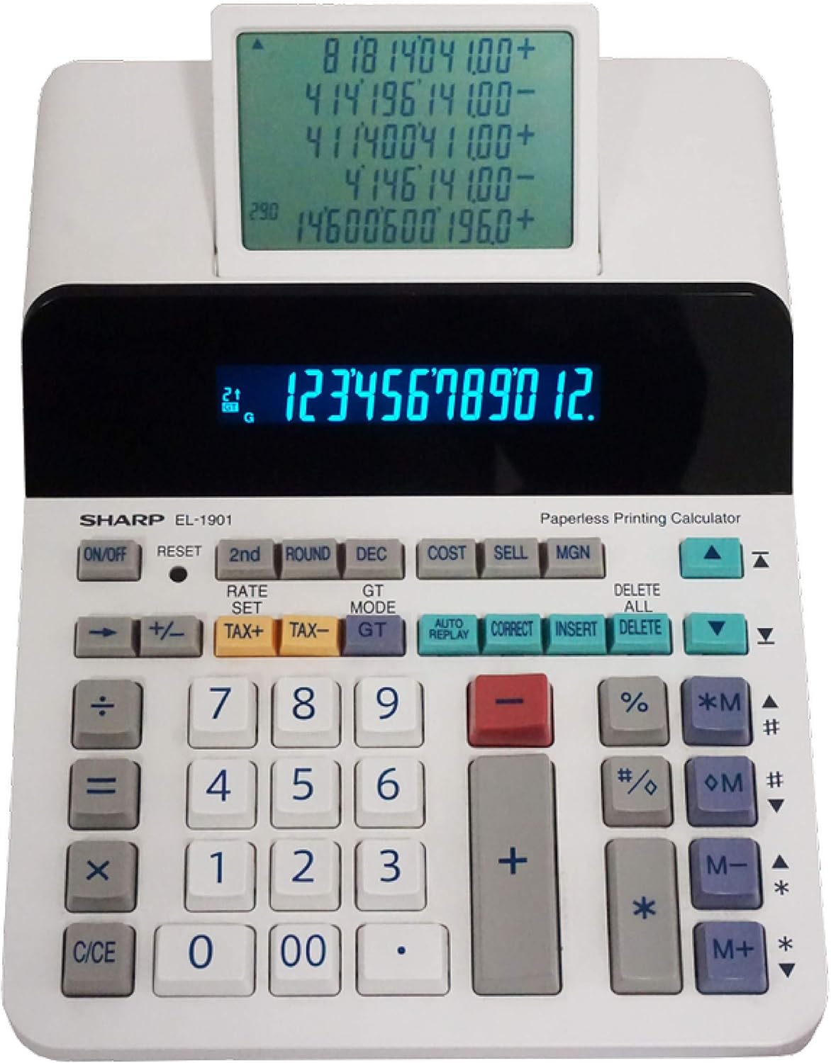 Sharp Paperless Printing Desk Calculator w/Check and Correct, Large 12-Digit LCD Primary Display, Printing Calculator/Adding Machine with Scrolling LCD Display Replacing Paper (EL-1901)