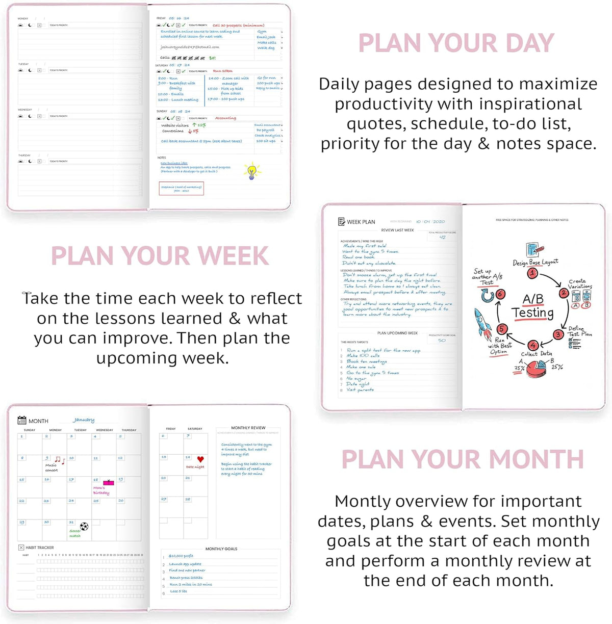 Undated Daily Planner – 1-Year B5 Productivity Organizer with Two-Page Weekly Spread, Goal Setting, Habit Tracker, Weekly & Monthly Pages – Hardcover Time Management Notebook (Pink)