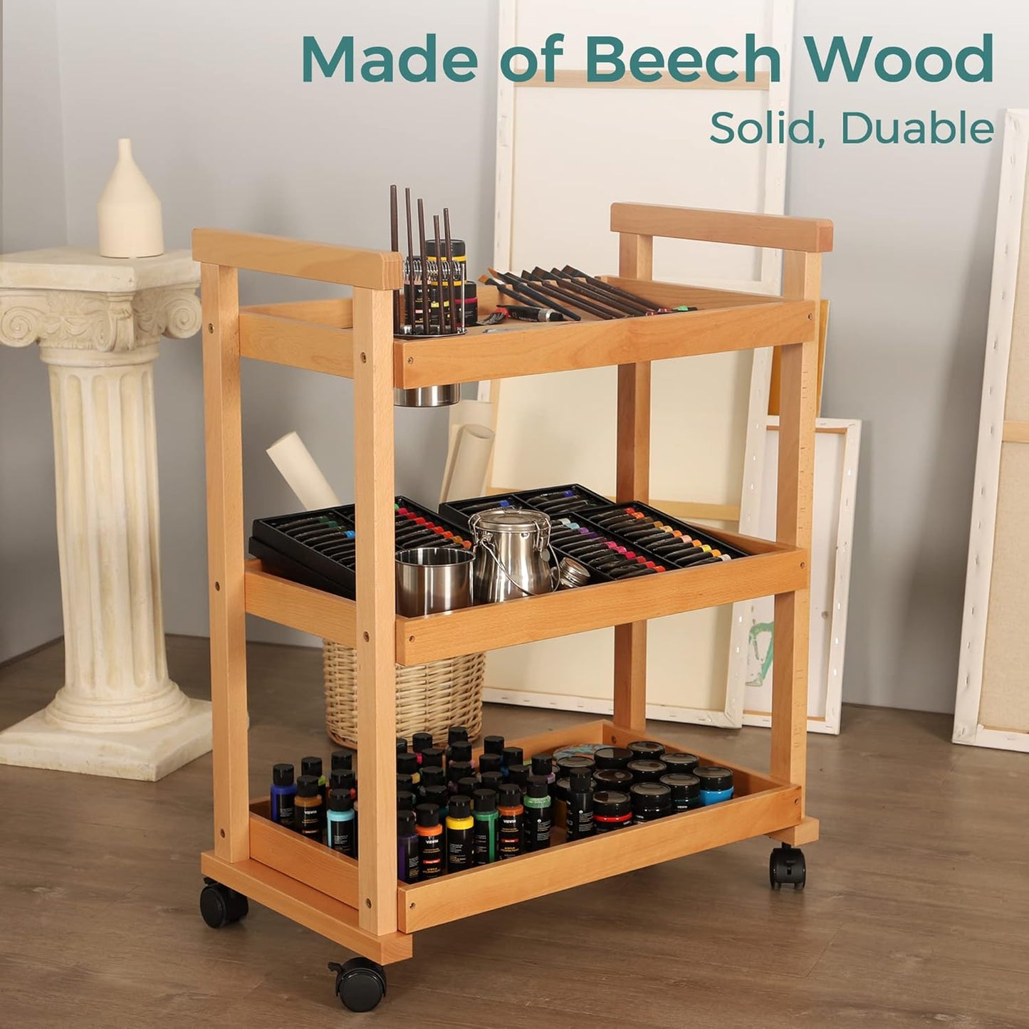 VISWIN Art Cart Organizer, Solid Beechwood Art Supply Storage Organizer with Caster Wheels, 3-Tier Multifunctional Rolling Utility Storage Cart for Studio, Classroom, Artists - Natural