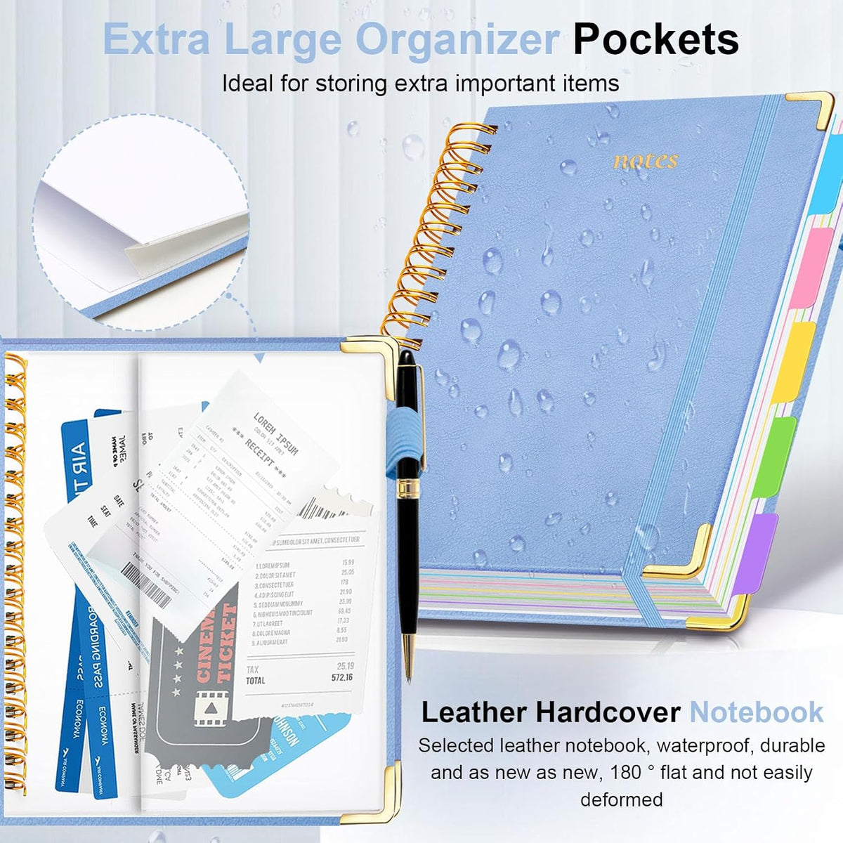 Hardcover Spiral Notebook 8"x10" Journal Notebook with Tabs and Removable Dividers 300 Pages 5 Subject Notebook College Ruled, Faux Leather Spiral Bound Notebook for Women, Students, School Work (Lake Blue)