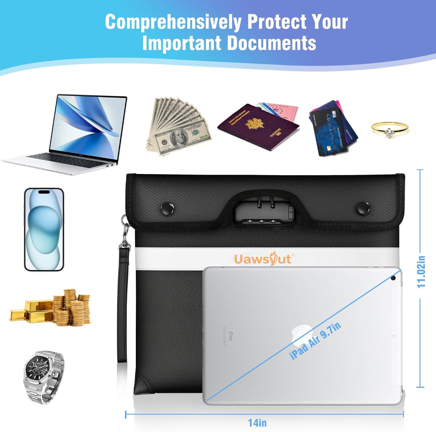5200℉ Fireproof Document Bag with Lock, Portable Money Bag with Zipper Closure, Waterproof Envelope with Reflective Strip for A4 Letter, Tablet, Valuables, Cash and Passport(14.3"x11.2", Black)