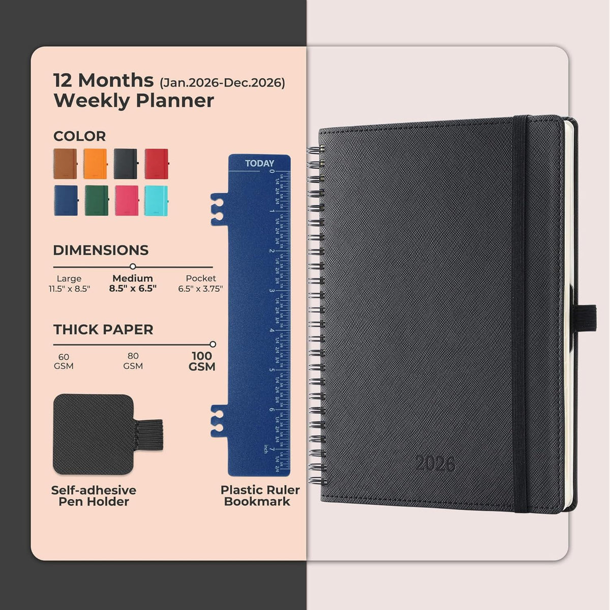 Planner 2026 Daily Weekly and Monthly,8.5"x6.5",12 Months Spiral Bound Calendar Agenda with Self-adhesive Pen Holder,2026 Appointment Book with Vegan Leather Soft Cover,Black