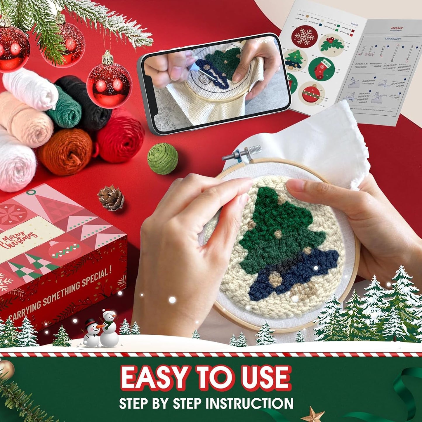 yuegool 6PCS Christmas Punch Needle Coasters Kit,Easy DIY Punch Needle Embroidery Kit for Beginners Adults Kids Including Patterns, Tools, Yarns, Hoop, Instruction, Coaster Holder Art Craft Supplies