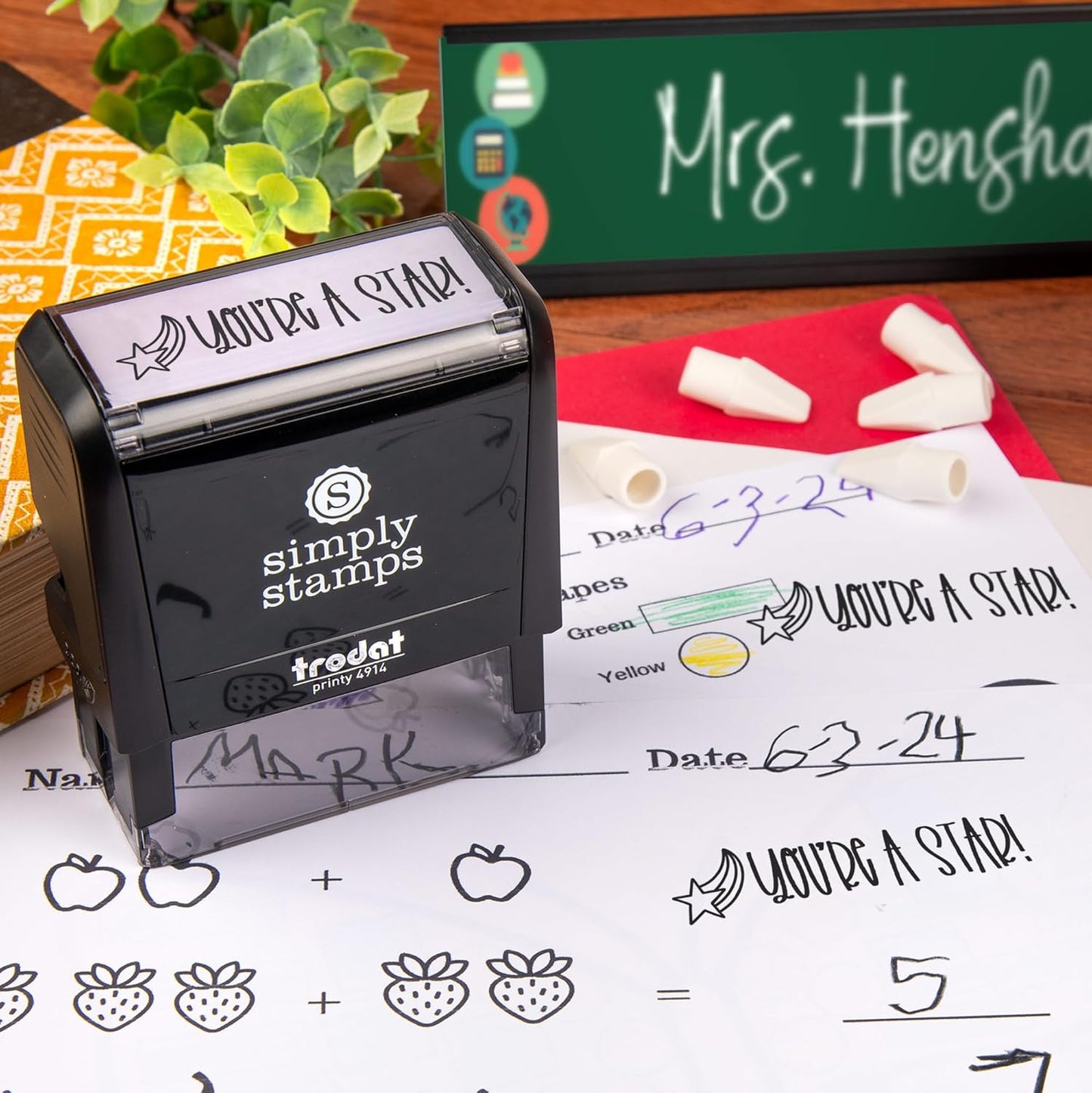 Custom Self-Inking Stamps | 49 Designs | Fun Phrases | Grading Made Easy | Classroom, Library Book Stamps (You're a Star!, Xtra Wide)