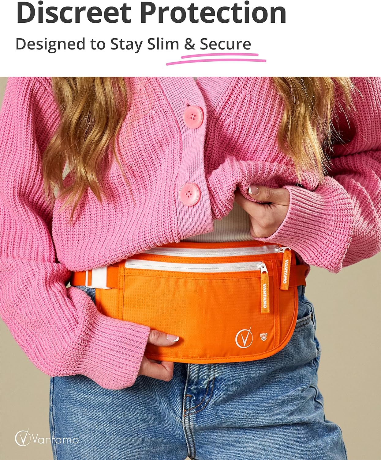 Vantamo Hidden Money Belt For Extra Safety, RFID Ultra-Thin Fanny Pack, 2 Compartment Money Bag Fits Passport & Phone