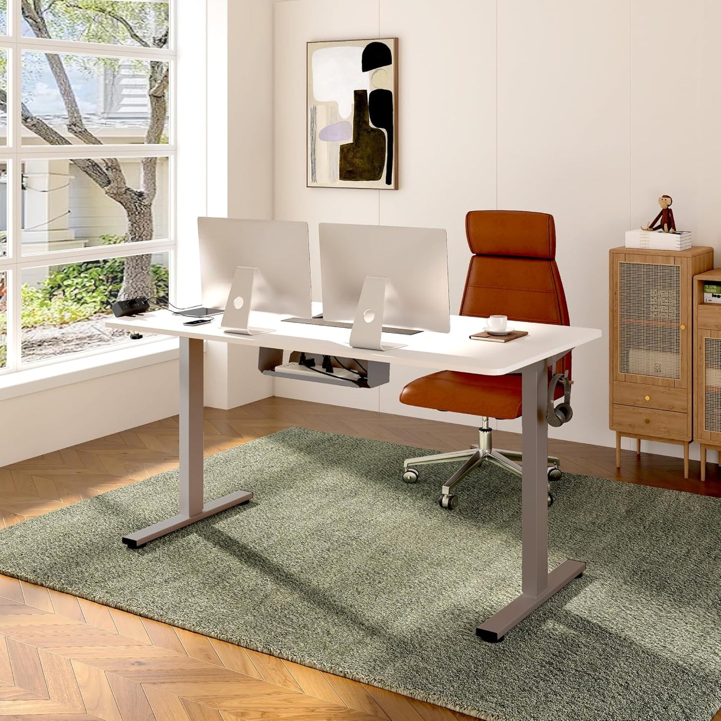 FLEXISPOT EN2 Whole-Piece Standing Desk with Clamp Power Strip, 60 x 24 Electric Stand Up Height Adjustable Desk with Cable Management (Gray Frame + 60" White Top, 2 Packages)