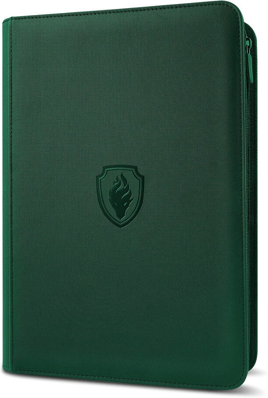 9 Pocket Zipper Card Binder, Fabmaker 360 Trading Card Holder Book, Premium PU Cover Zip Binder for Cards, Durable Side Loading Card Folders Album for MTG, TCG, Game Cards, Sports Cards, Dark Green