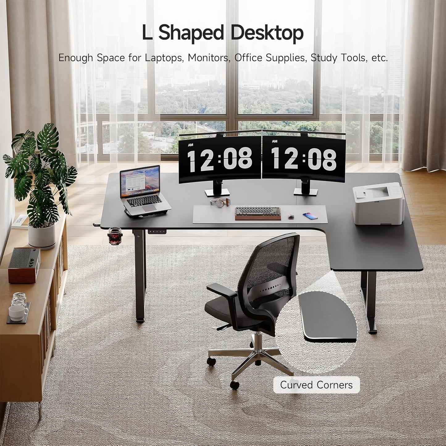 L Shaped Standing Desk, 63x43 Inches Electric L Stand Up Desk with 4 Legs, Dual Motor and Memory Controller, Adjustable Height from 28-46 Inches for Home and Computer Workstation, Black