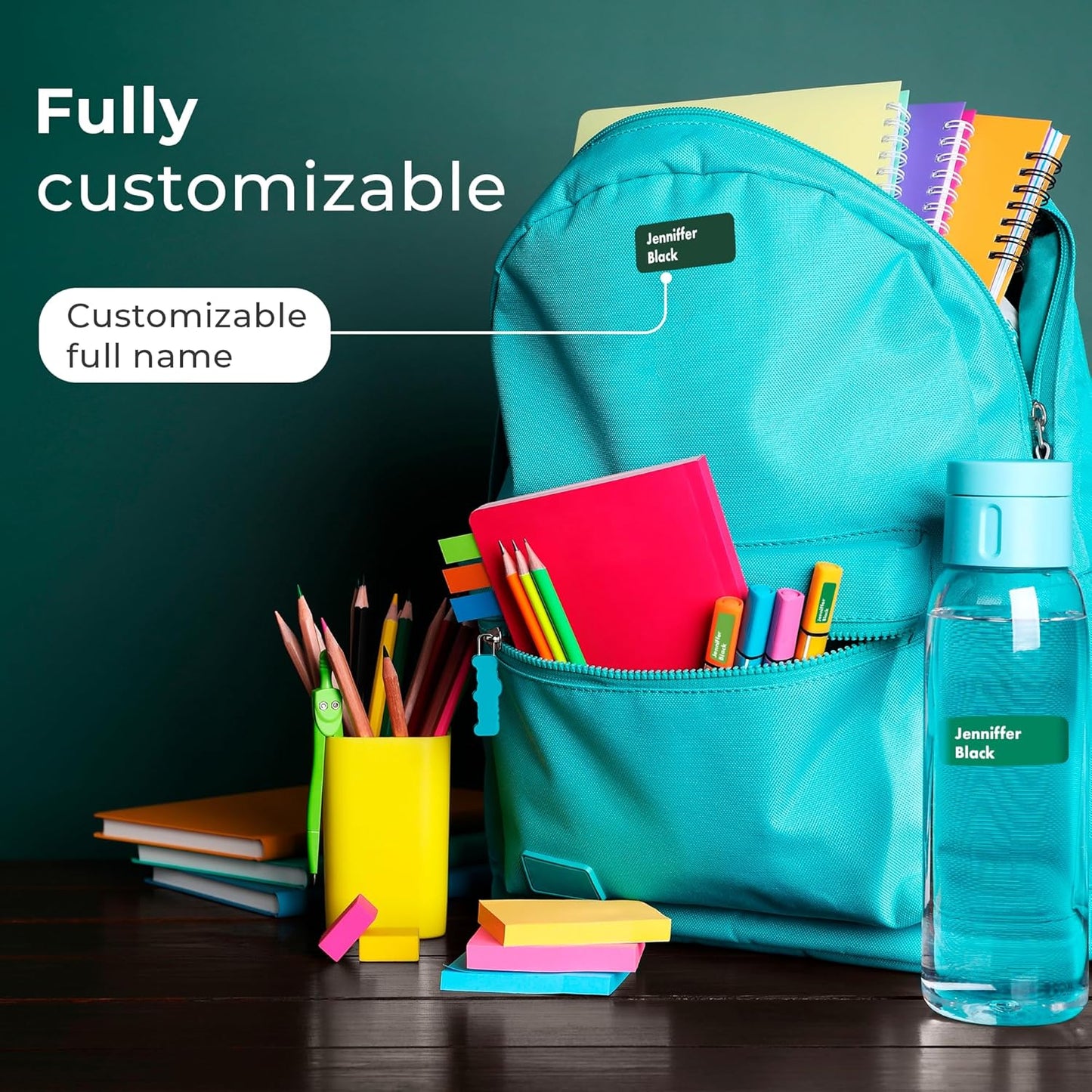EGD Personalized Green Name Tag Stickers for Kids (114 Pack) | Waterproof Labels for School Supplies, Bottles & Lunch Boxes | Custom Vinyl Name Labels for Clothing, Toys & More (B. Verdant)