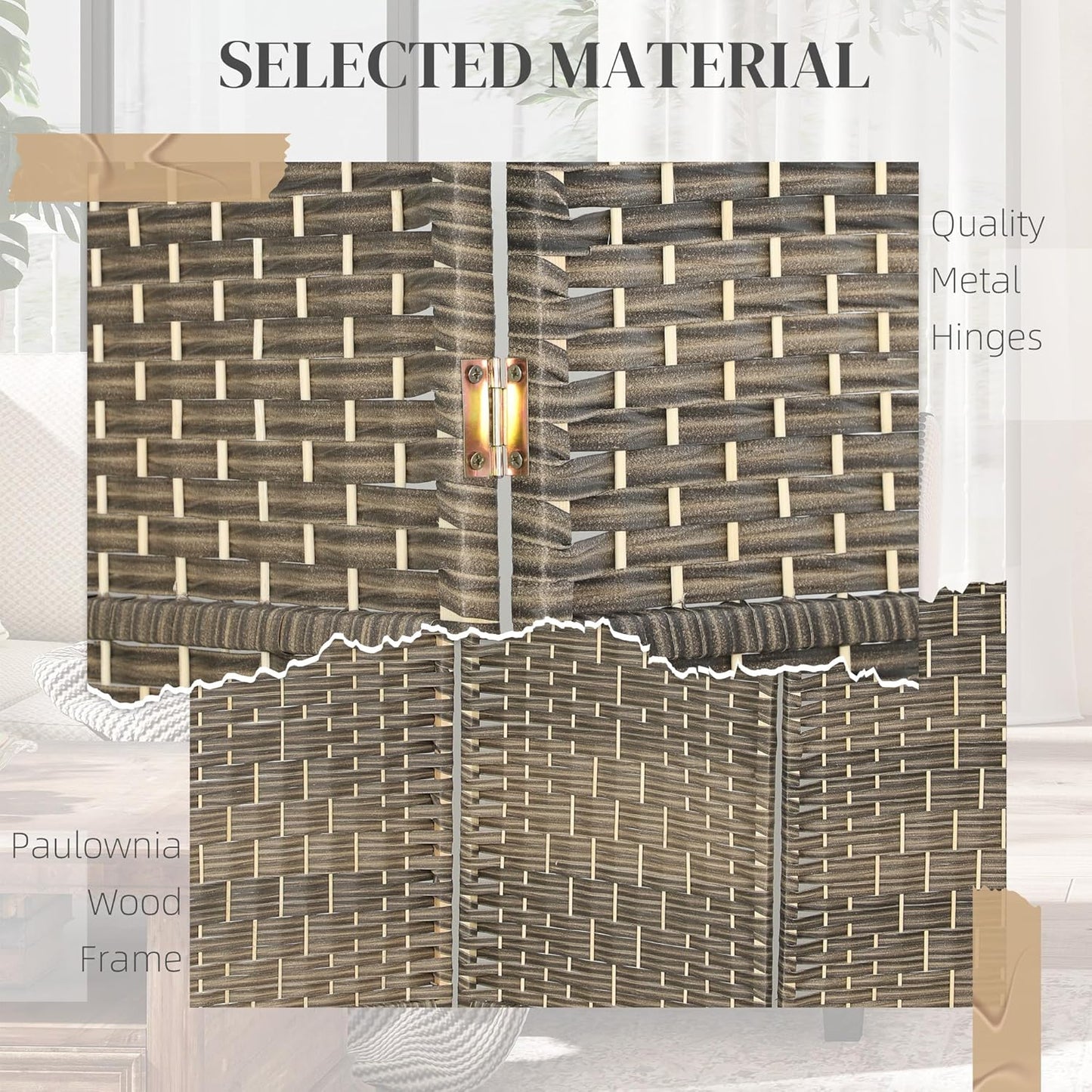 HOMCOM 4 Panel Room Divider, 6' Tall Folding Privacy Screen, Hand-Woven Freestanding Wall Partition for Home Office, Bedroom, Dark Rustic Oak