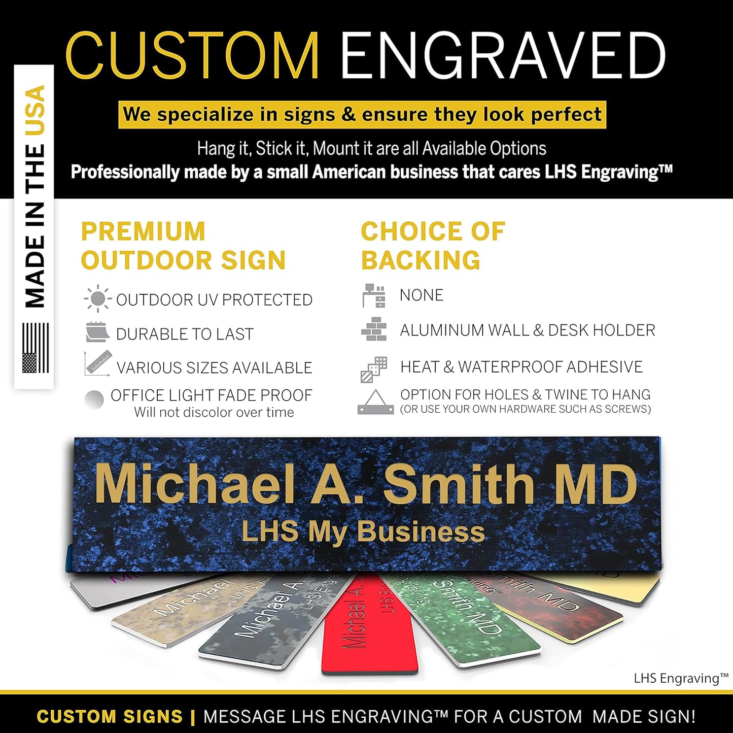 Engraved Custom Door Plate Celestial Blue Plastic Office Door Sign with Gold Letters - Made in USA 2x10 S1