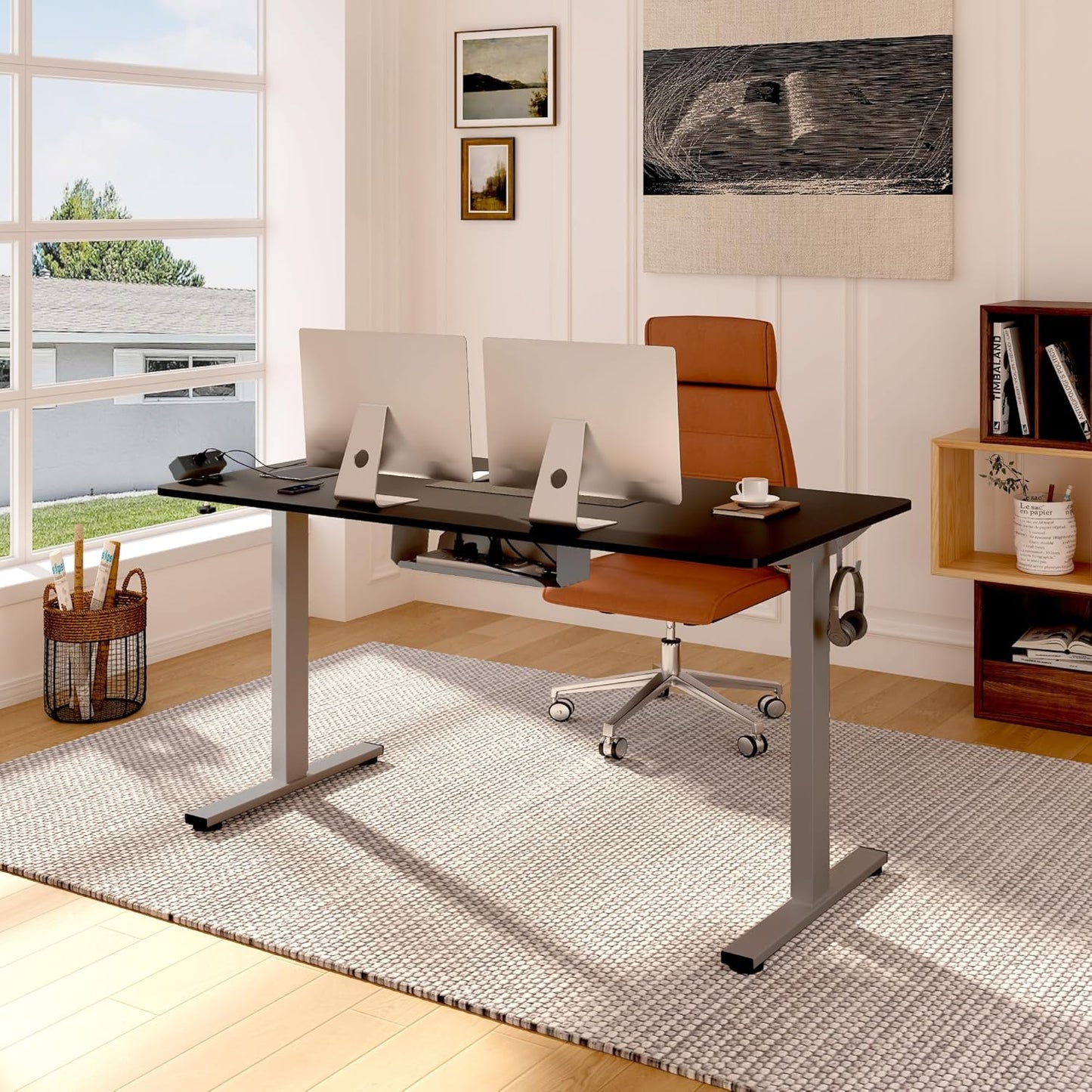 FLEXISPOT EN2 Whole-Piece Standing Desk with Clamp Power Strip, 60 x 24 Electric Stand Up Height Adjustable Desk with Cable Management (Gray Frame + Black Top, 2 Packages)