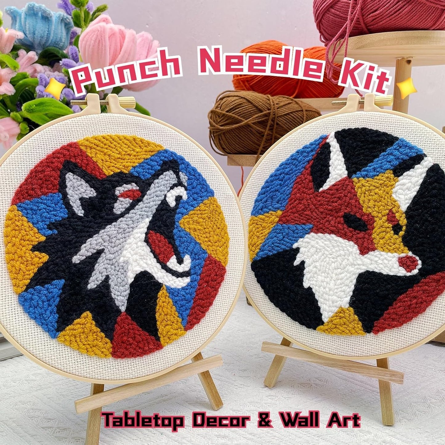 Punch Needle Kit for Adult Beginner, 2-Pcs Wolf & Fox Punch Starter Kit, Easy Punch Embroidery Stitch Set with Instructions – Fun Needle Point Craft for Home Decor & Gift Idea