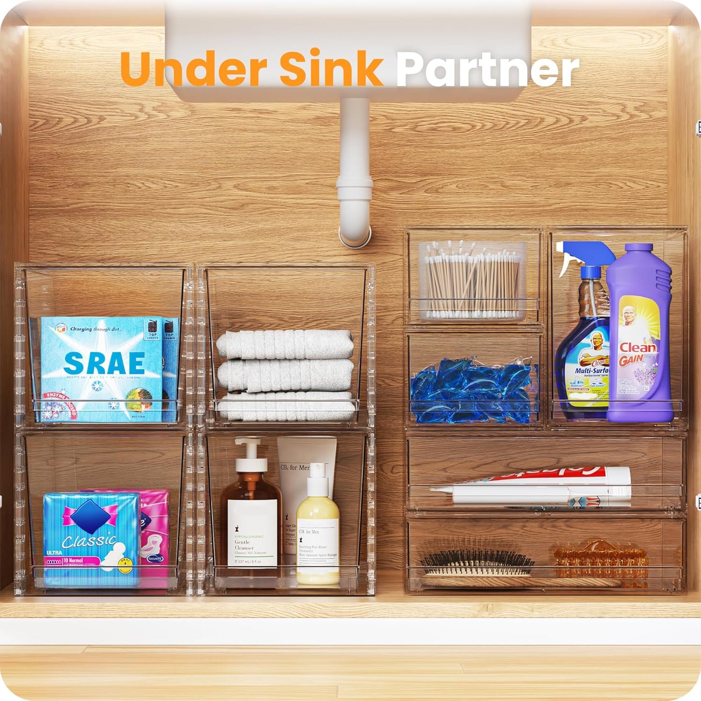 A-LuGei 【𝟮𝗣𝗖𝗦】 Acrylic Stackable Storage Drawers, 8.7" H Makeup Organizer, Bathroom Organizer and Storage, Plastic Storage Bins for Kitchen Cabinet Pantry Medicine Fridge