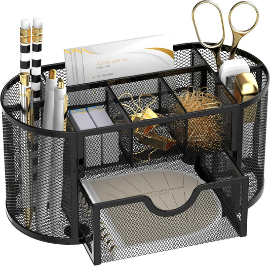 SUPEASY Mesh Desk Organizer, Desk Accessories & Workspace Organizers with Drawers, Pencil Holder for Desk with 9 Compartments for Office Supplies, 8.6 x 4.3 x 4.1 Inch, Black