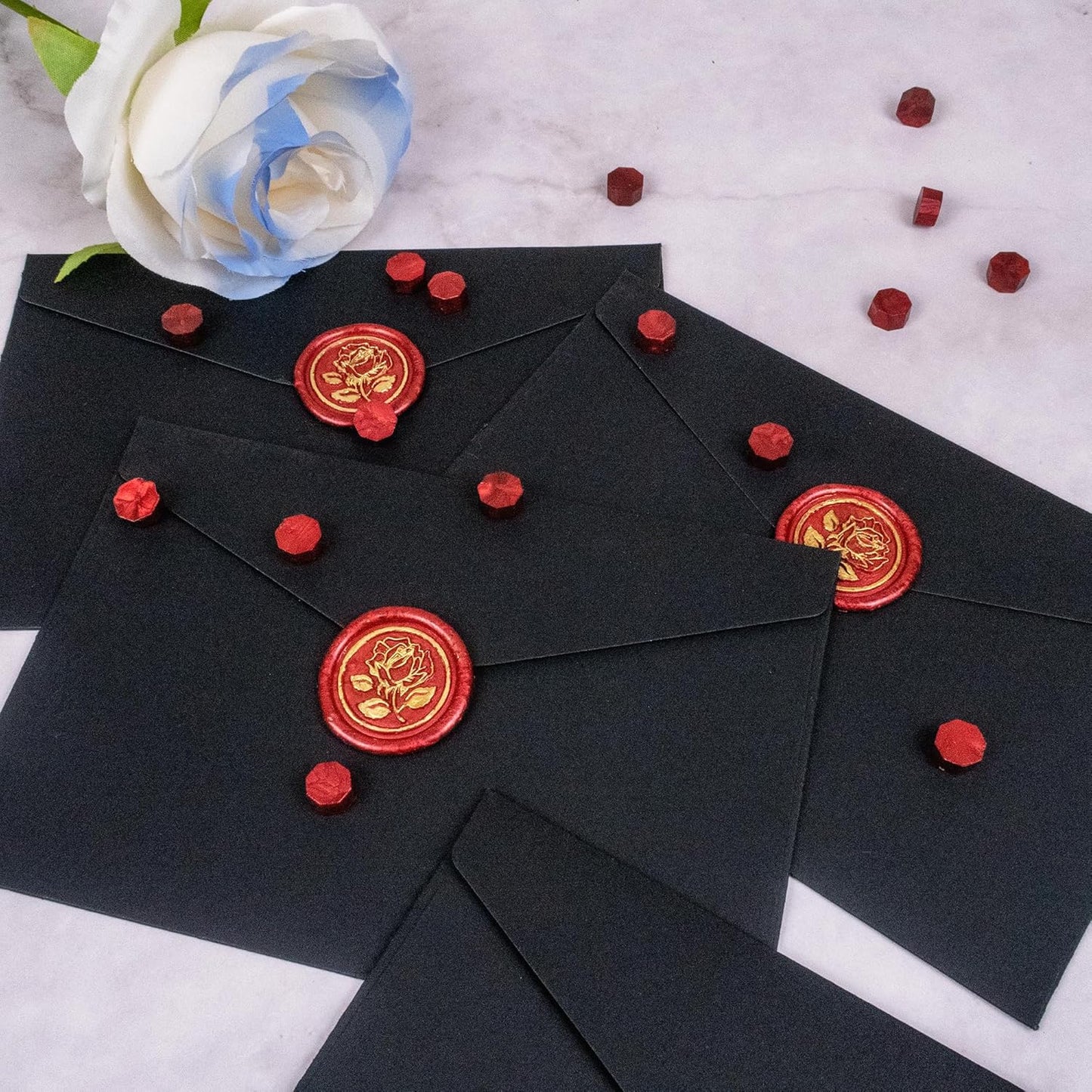 25Pcs Gold & Red Wax Seal Stickers - Handmade Envelope Seals, Self-Adhesive Wax Stickers for Wedding Party Invitations, Envelope, Gift Wrap, Christmas (Gold Rose Style, Red)