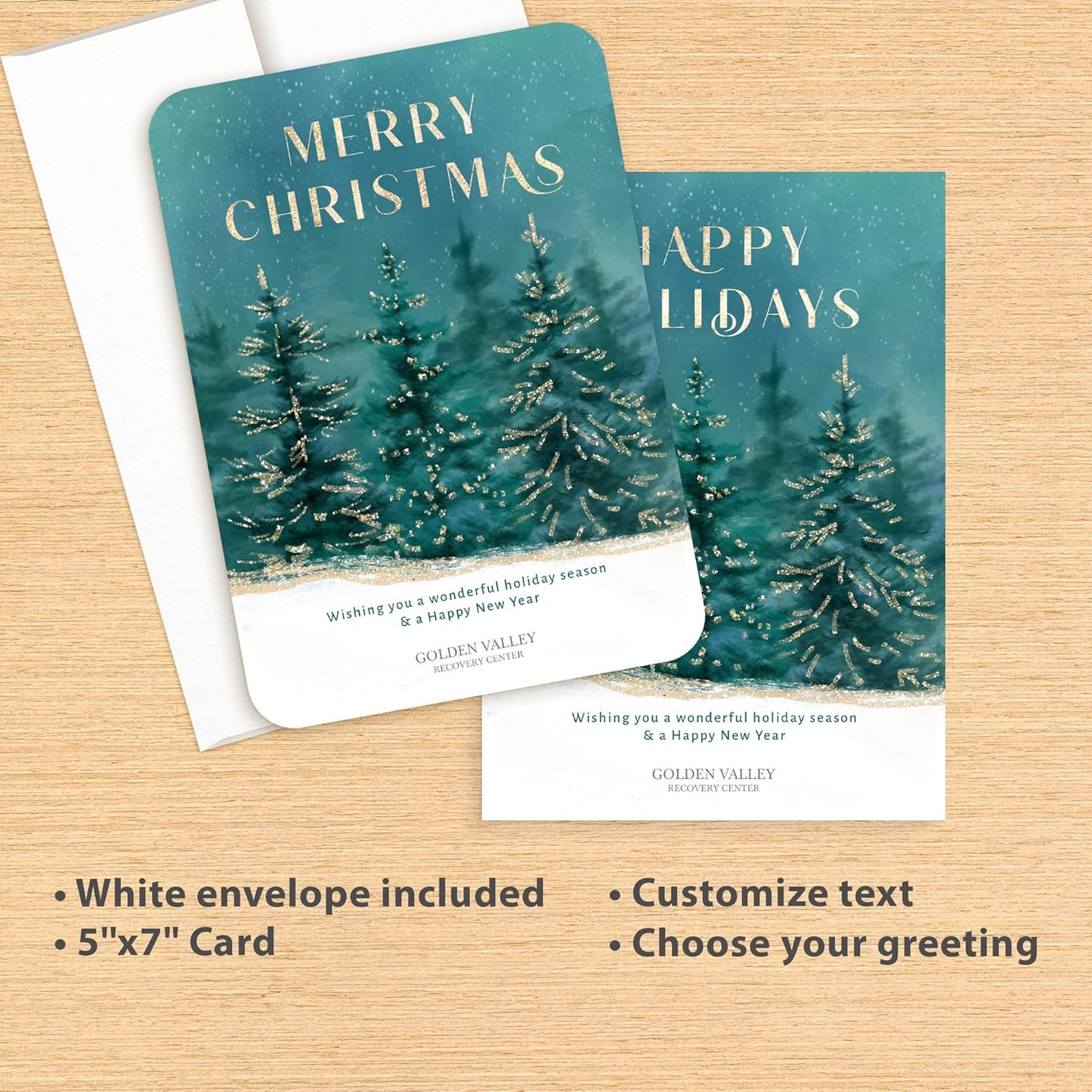 Let's Make Memories Personalized Business Christmas Cards with Envelopes - Premium Quality - 5x7-2025 Holiday Cards & White Envelopes - Gilded Trees - 200 ct