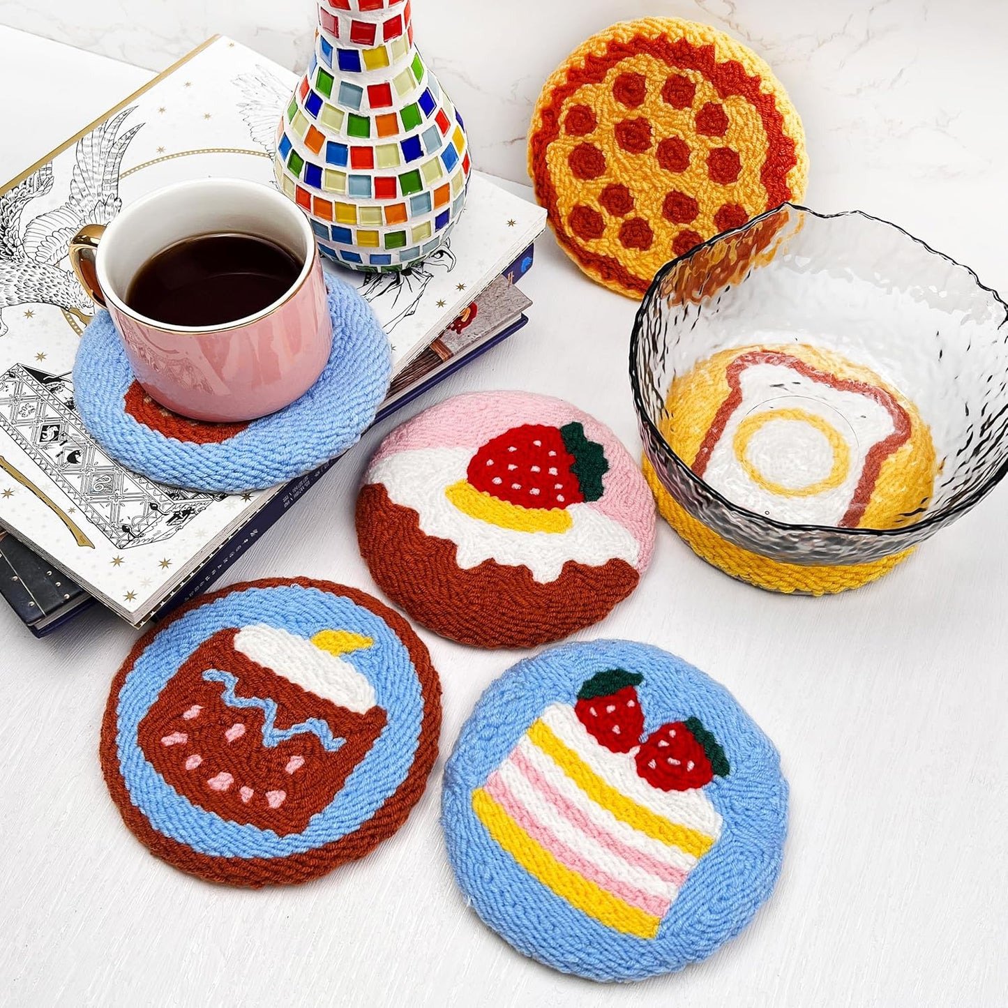 Punch Needle Kit for Adults Beginners, 6-Piece Cute Desserts Punch Coaster Starter Kit – Easy Embroidery Stitch Craft Set with Instructions – Fun Needle Point Tufting for Table Decor & Festival Gifts