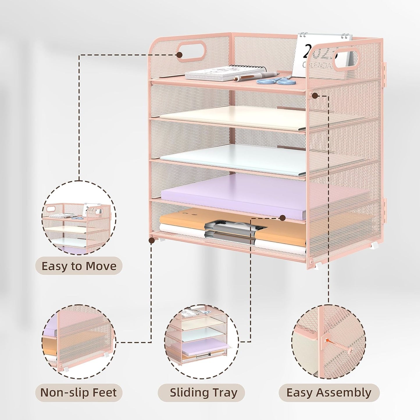 SUPEASY 2 Pack 5-Tier Pink Desk Organizer with Handle Mesh Desk File/Paper Organizer Letter Tray for Office, School and Home Easy Installation