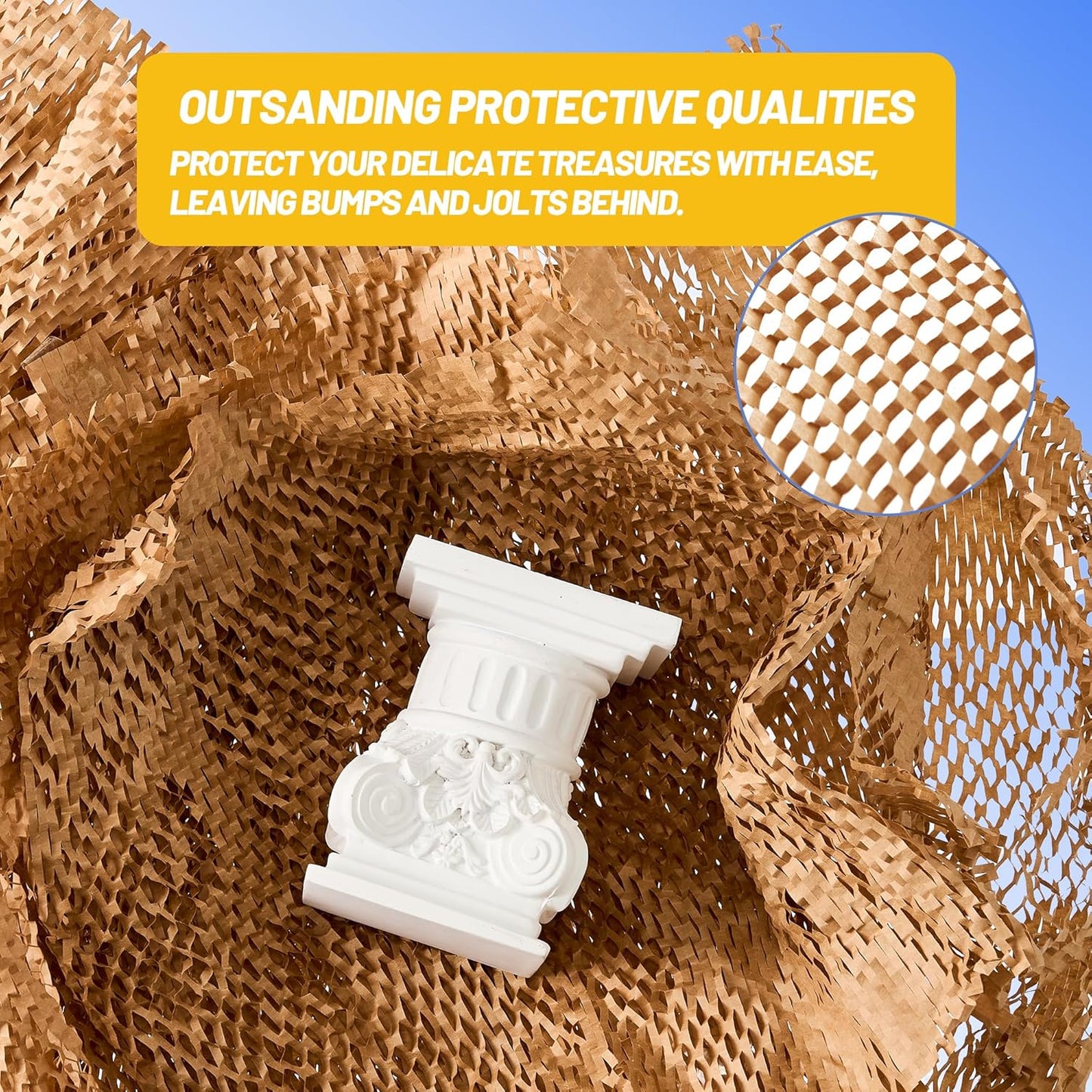 Honeycomb Packing Paper 15"x131' - Bubble Wrap Eco-Friendly Alternative, Recyclable Cushioning Material for Shipping, Moving & Small Business Packing Supplies with 20 Fragile Sticker Labels