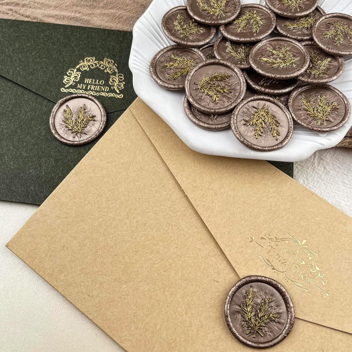 25Pcs Gold & Champagne Gold Seal Stickers Handmade Envelope Seals Self Adhesive for Wedding Party Invitations, Gift Wrap, Christmas (Gold Rosemary Style, Champagne Gold Wax)