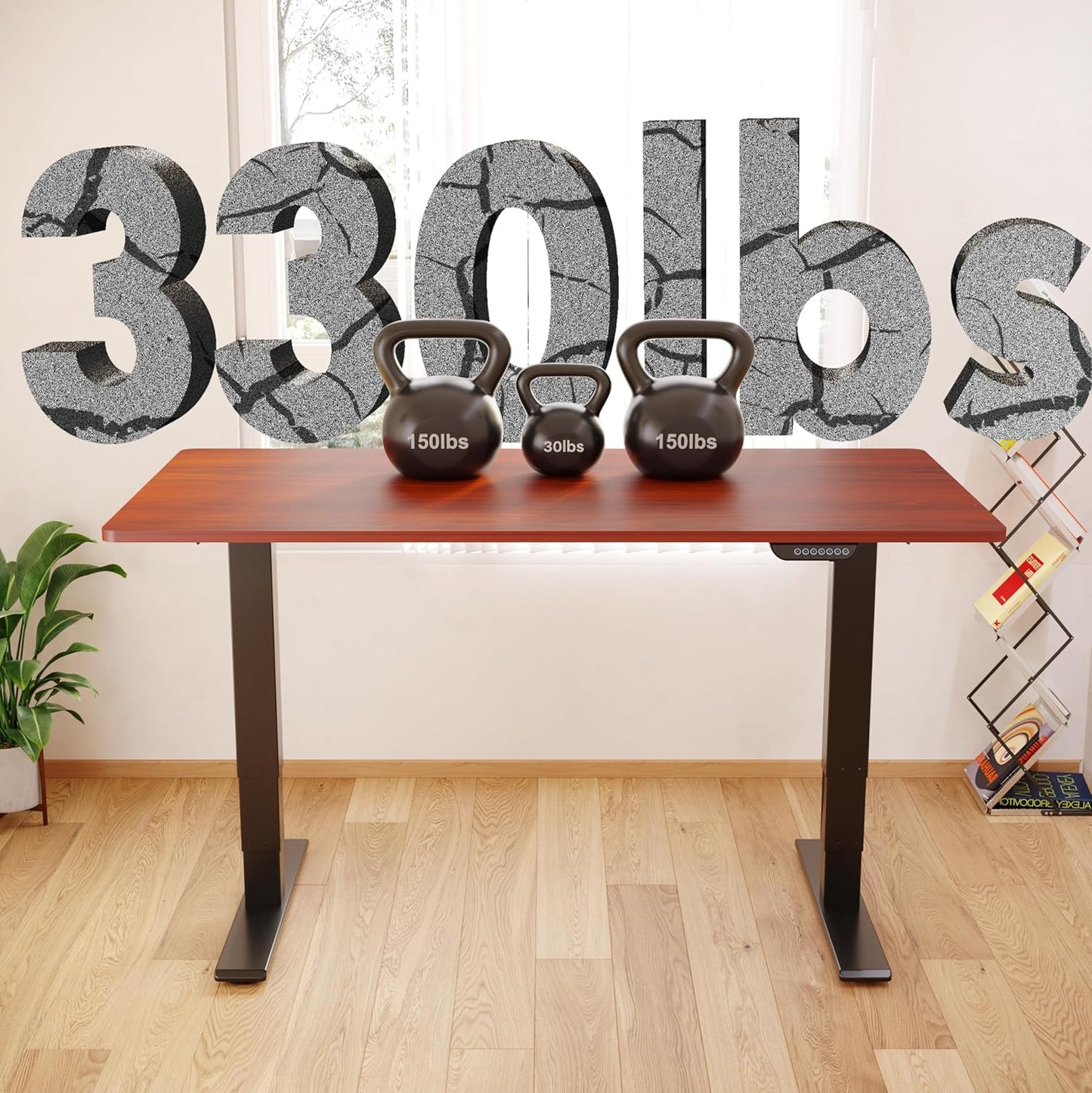 FLEXISPOT E6 MAX Dual Motor 3 Stages Standing Desk 48x30 Inch Whole-Piece Board Electric Height Adjustable Stand Up Desk 150KG Load Capacity(Black Frame + Mahogany Desktop)