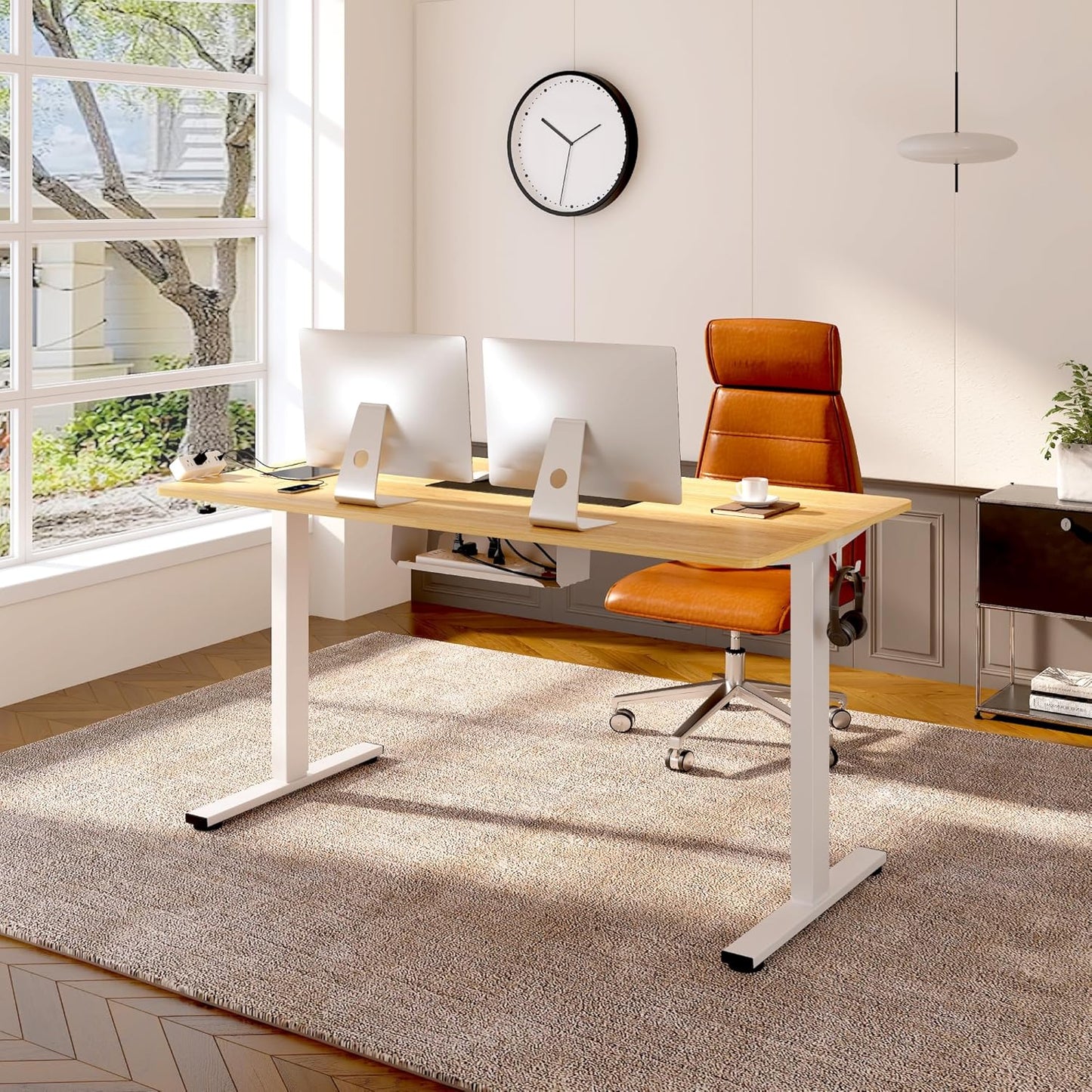 FLEXISPOT EN2 Whole-Piece Standing Desk with Clamp Power Strip, 40 x 24 Electric Stand Up Height Adjustable Desk with Cable Management (White Frame + 40" Maple Top)