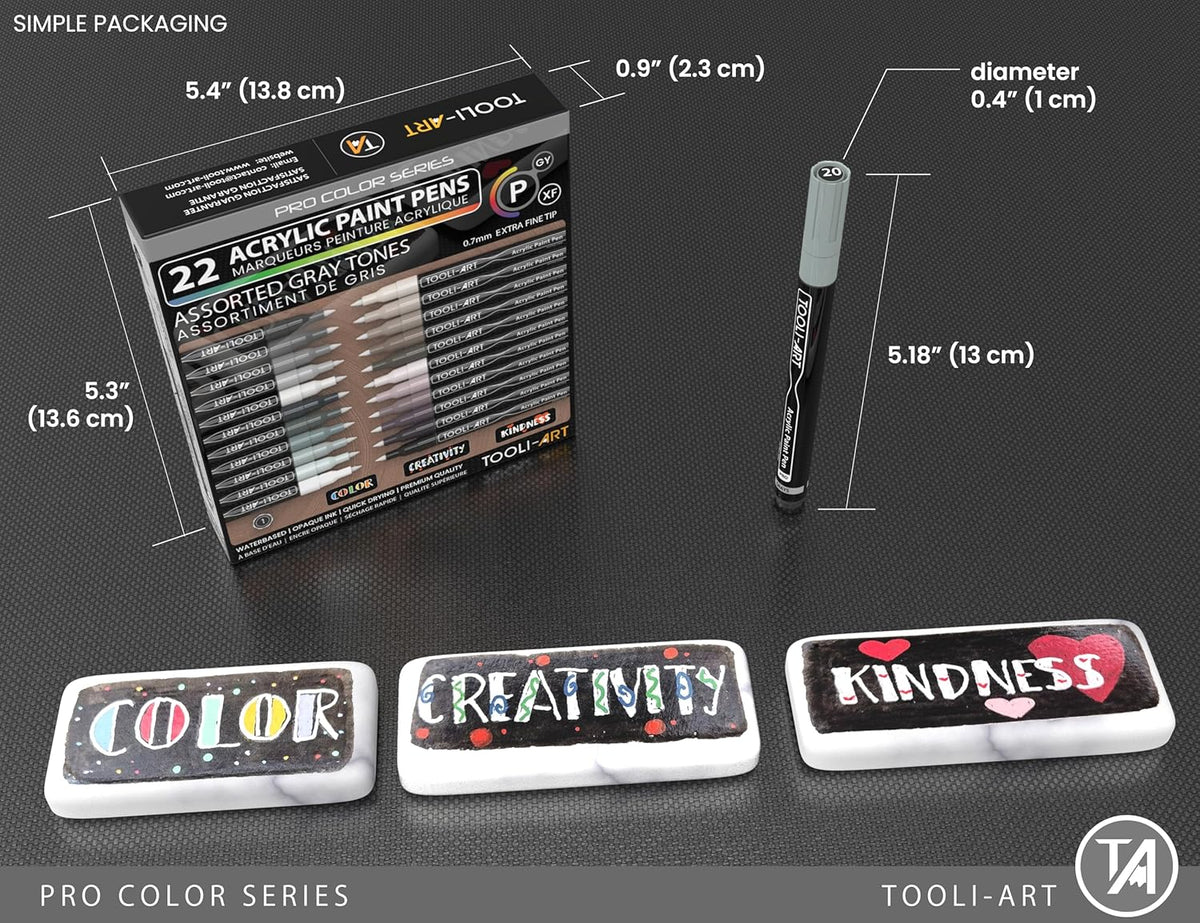 Acrylic Paint Pens 22 Gray Tones Assorted Pro Color Series Markers Set 0.7mm Extra Fine Tip for Rock Painting, Glass, Mugs, Wood, Metal, Canvas, Projects, Non Toxic, Waterbased, Quick Drying
