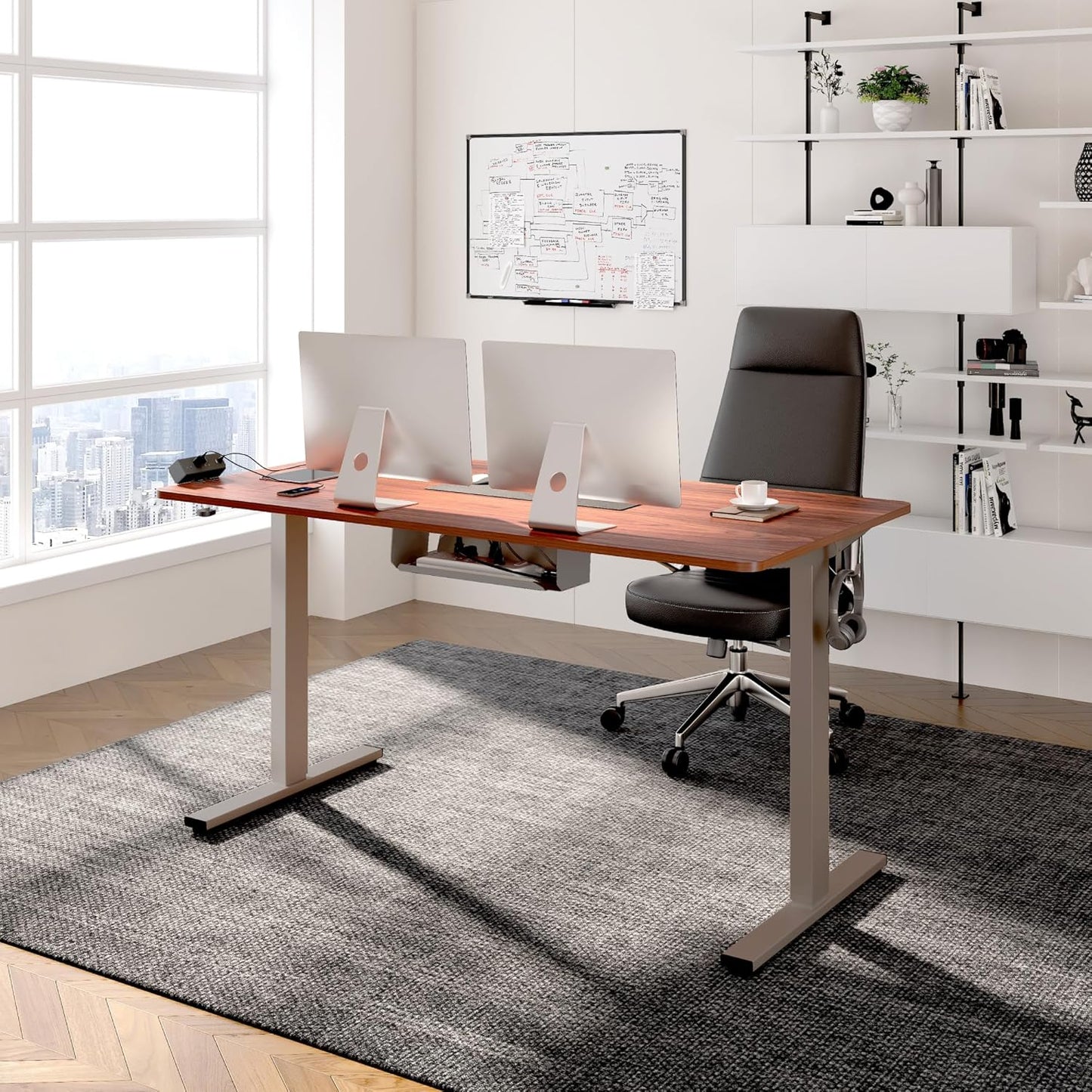 FLEXISPOT EN2 Whole-Piece Standing Desk with Clamp Power Strip, 48 x 24'' Electric Stand Up Height Adjustable Desk with Cable Management (Gray Frame + 48" Mahogany Top, 2 Packages)
